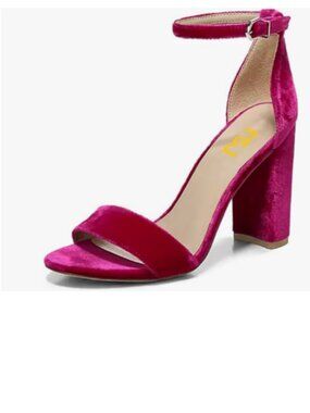 FSJ Fuchsia Velvet Chunky High Heel Sandals Open Toe Ankle Strap Shoes